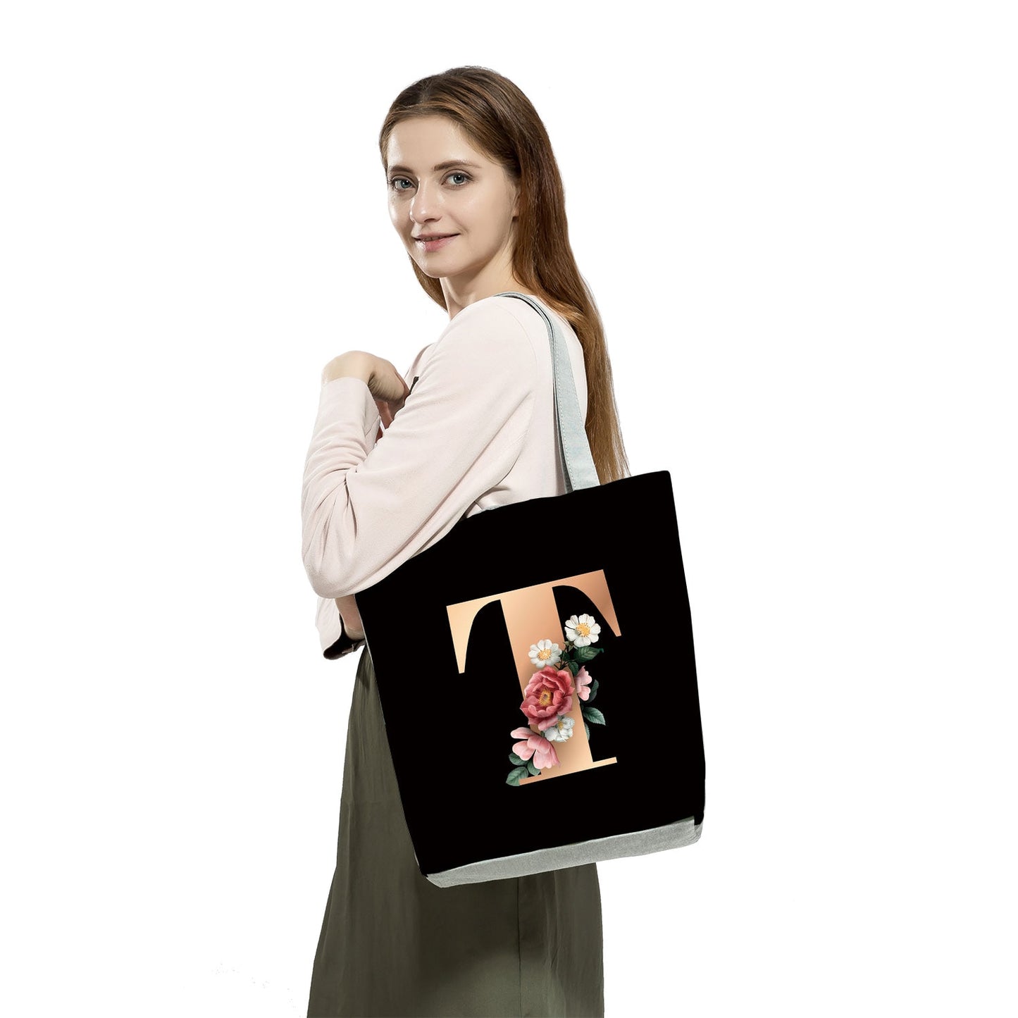 Black Customized Letter Alphabets Women Tote Shoulder Handbag