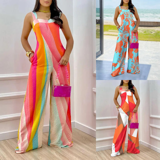 Sexy Jumpsuits 2023 Summer Fashion Print Hollow Temperament Casual Female Wide Leg Jumpsuit S-XXXL