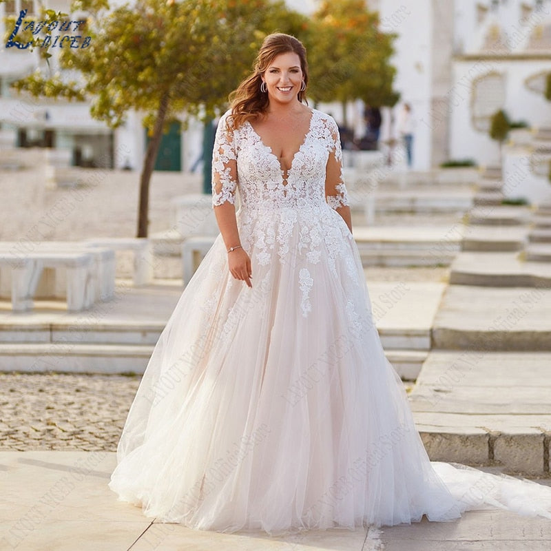 Plus Size Wedding Dresses For Bride Appliques Half Sleeves boho Lace Up Backless Bridal Gowns Beach