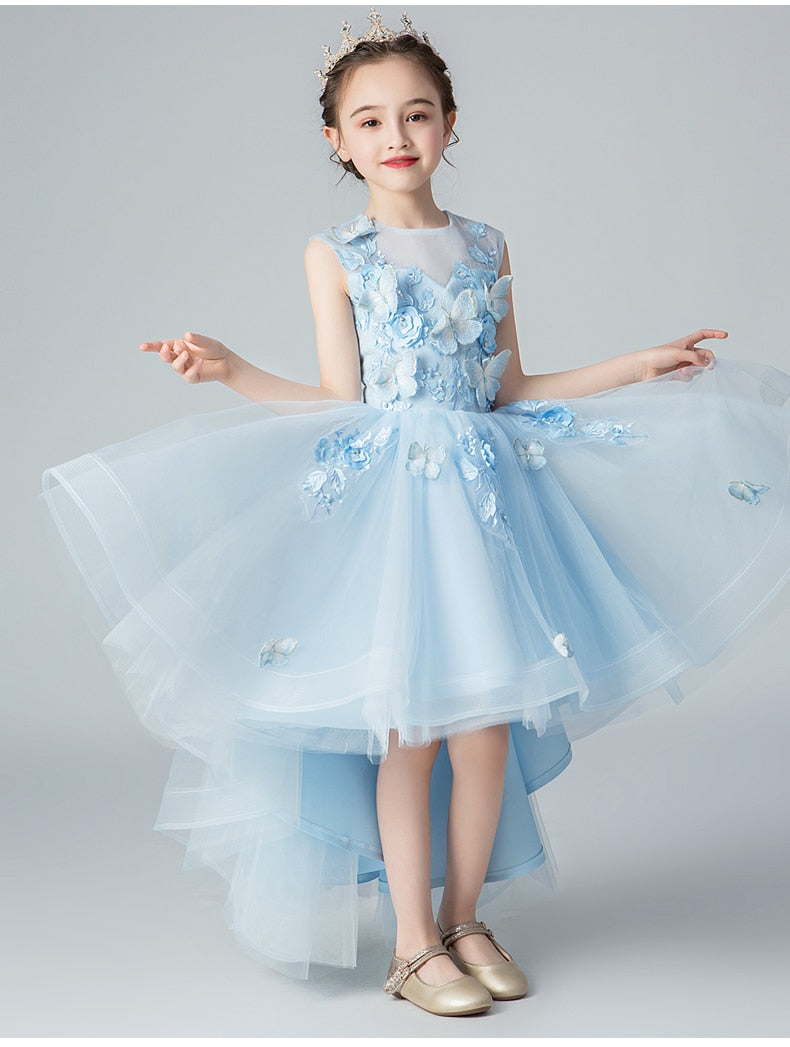 Sky Blue Tulle Girls Party Dress Appliques Flower Girl Dress For Wedding Kids Pageant Costume Princess First Communion Dresses