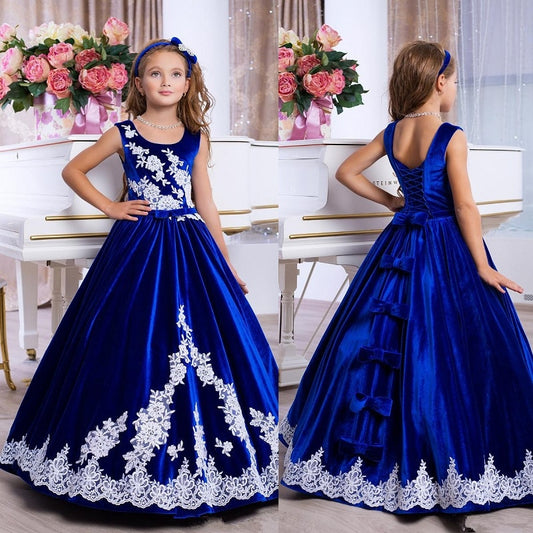 Velvet Flower Girl Dresses 2020 Lace Appliques Royal Blue Formal Event Dress Lace Up Back Beautiful Party Girl Gowns