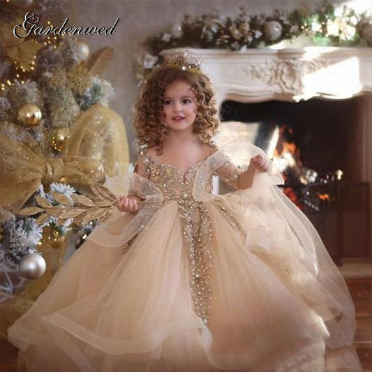 Vintage Glitter Puffy Lace Girl Princess Dresses Kids Crystal Scoop Evening Prom Dress Nude Ruffles Sleeves Flower Gril Dresses