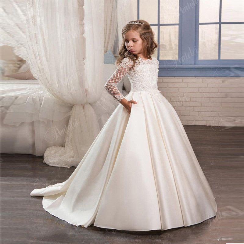 White Ivory Flower Girl Dresses For Wedding Custom Made New Arrival Hot Pageant Dress Long Sleeves and Appliques Satin