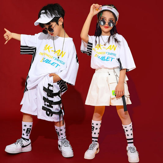 White Jazz Dance Costume Kids Hip Hop Practice Wear Street Dance Printing Stage Performance Clothing Hiphop Rave Clothes DC4946