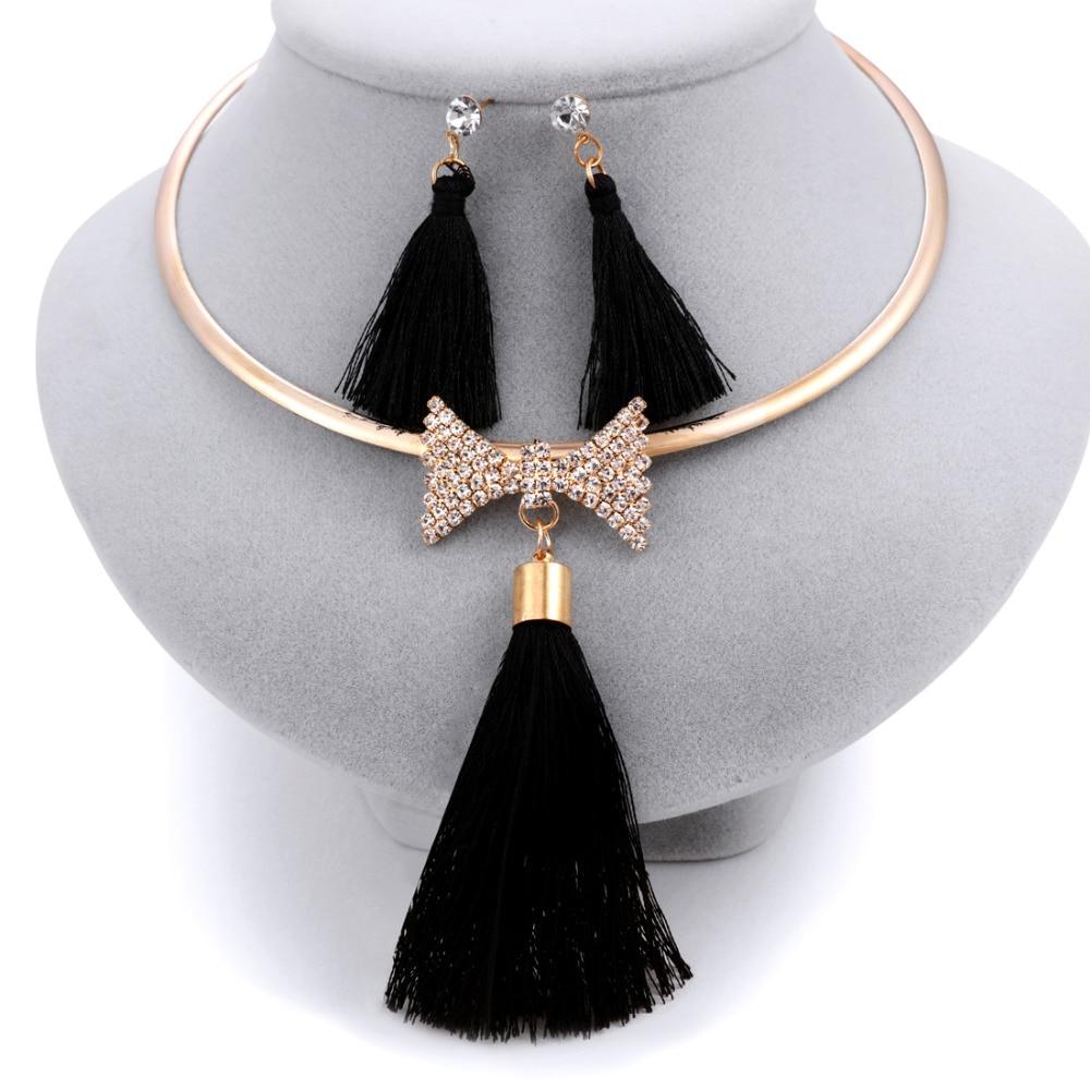 Levina Designer Tassels Earrings And Rose Gold Choker Necklace Fashion Statement Jewelry Sets-tassel jewelry set-bow-black-Free Item Online