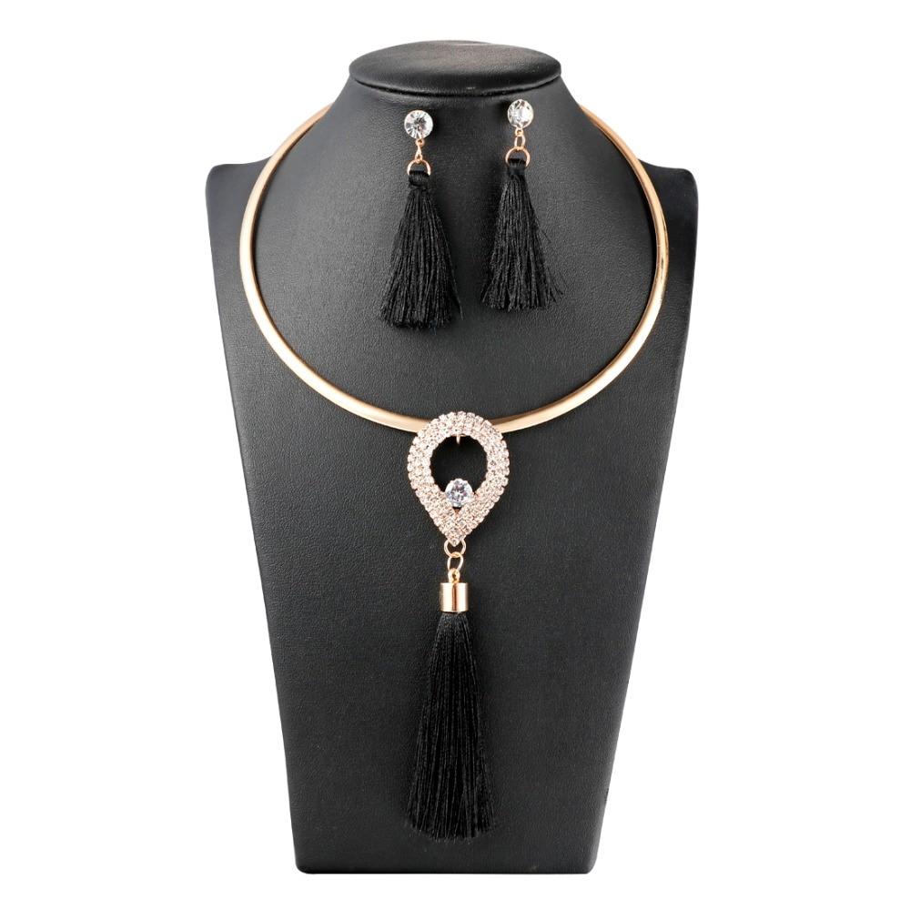 Levina Designer Tassels Earrings And Rose Gold Choker Necklace Fashion Statement Jewelry Sets-tassel jewelry set-tear drop-black-Free Item Online