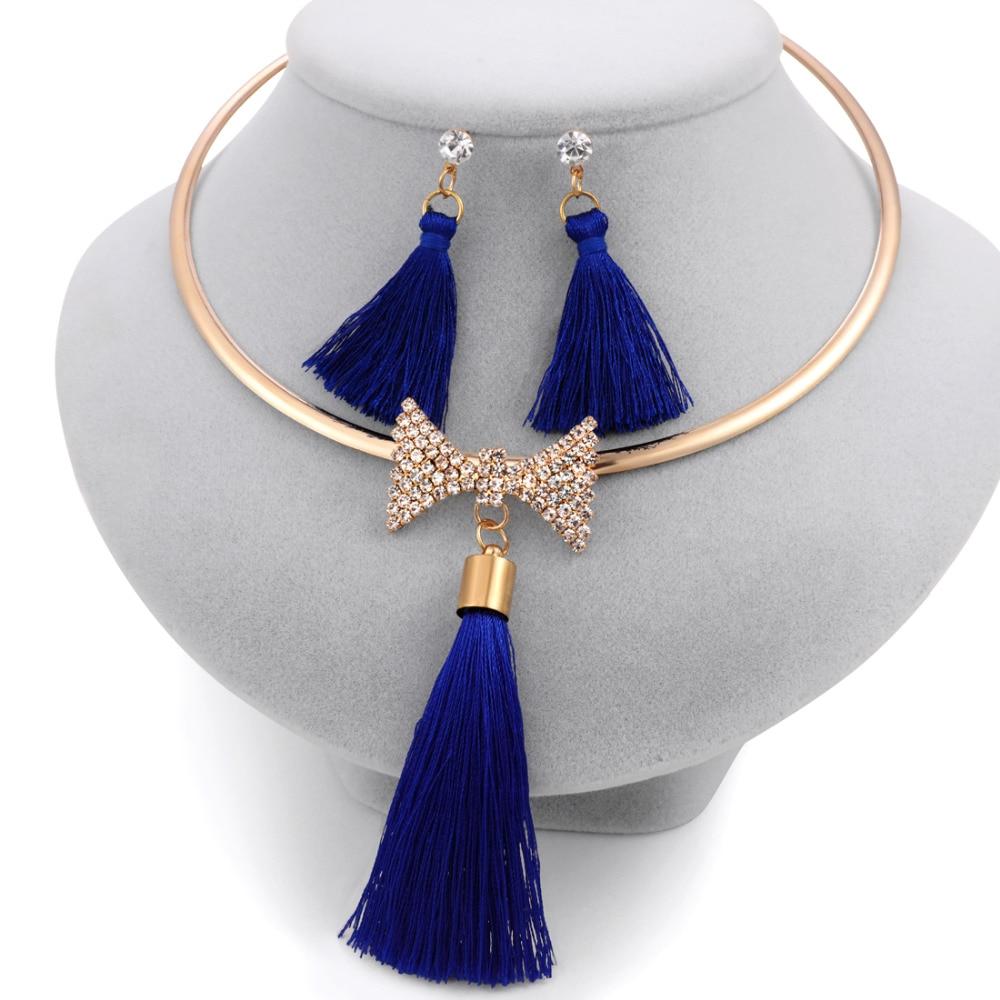 Levina Designer Tassels Earrings And Rose Gold Choker Necklace Fashion Statement Jewelry Sets-tassel jewelry set-bow-blue-Free Item Online