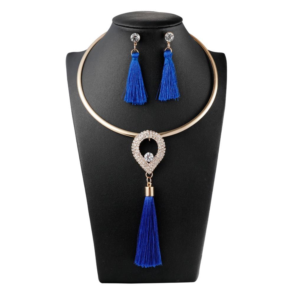 Levina Designer Tassels Earrings And Rose Gold Choker Necklace Fashion Statement Jewelry Sets-tassel jewelry set-tear drop-blue-Free Item Online