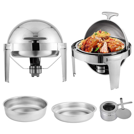 Round Food Warmer 6.5 Qt Roll Top Stainless Steel-chafer-6.5 Qt-silver with silver handle-Free Item Online