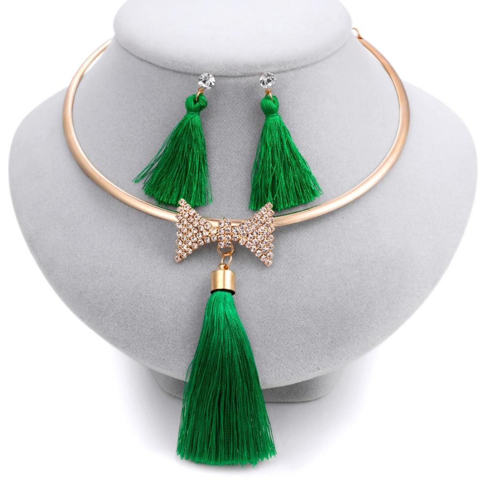 Levina Designer Tassels Earrings And Rose Gold Choker Necklace Fashion Statement Jewelry Sets-tassel jewelry set-bow-green-Free Item Online