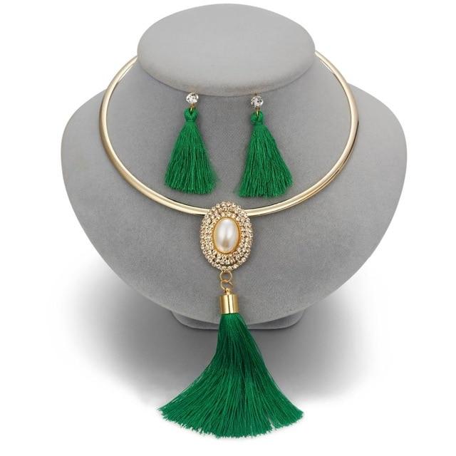 Levina Designer Tassels Earrings And Rose Gold Choker Necklace Fashion Statement Jewelry Sets-tassel jewelry set-pearl-green-Free Item Online