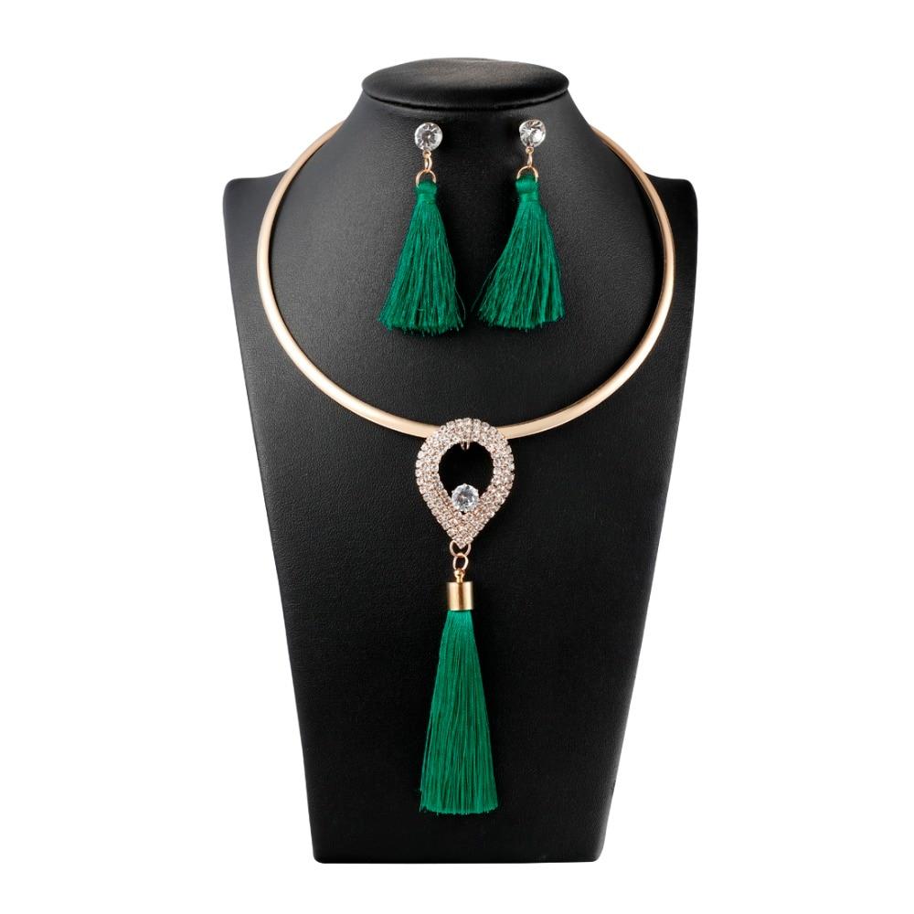 Levina Designer Tassels Earrings And Rose Gold Choker Necklace Fashion Statement Jewelry Sets-tassel jewelry set-tear drop-green-Free Item Online