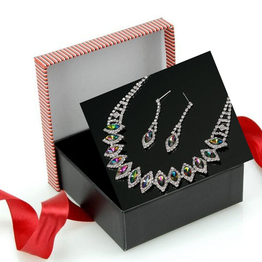 Silver  Necklace Earring Rhinestone Crystals Jewelry Set