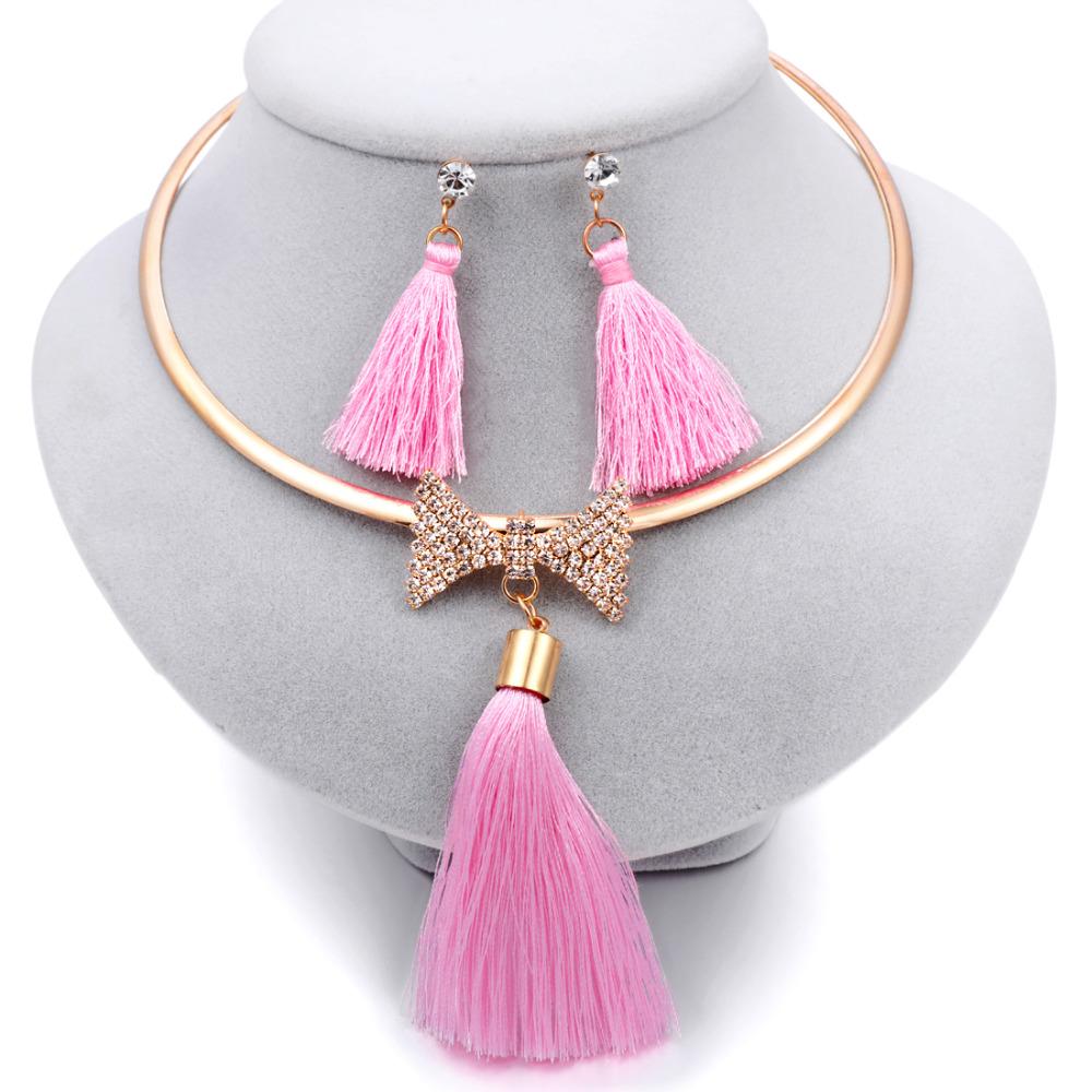 Levina Designer Tassels Earrings And Rose Gold Choker Necklace Fashion Statement Jewelry Sets-tassel jewelry set-bow-pink-Free Item Online