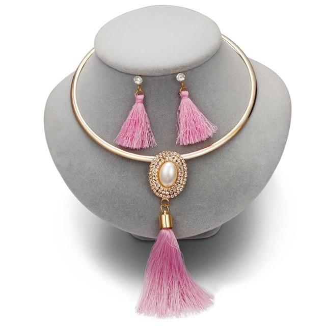Levina Designer Tassels Earrings And Rose Gold Choker Necklace Fashion Statement Jewelry Sets-tassel jewelry set-pearl-pink-Free Item Online