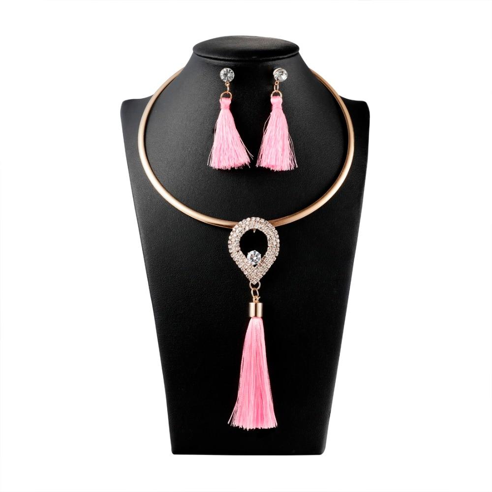Levina Designer Tassels Earrings And Rose Gold Choker Necklace Fashion Statement Jewelry Sets-tassel jewelry set-tear drop-pink-Free Item Online