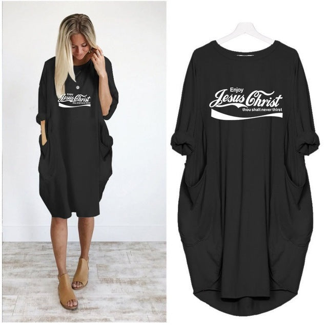 Christian Enjoy Jesus Christ Thou Shalt Never Thirst Print Tops Rock T shirt women Dress-Jesus Print tops-Black-S-Free Item Online