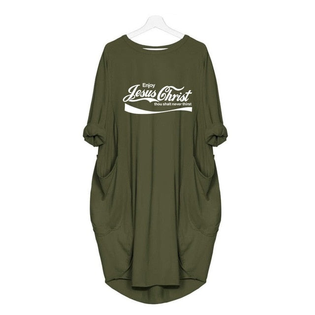Christian Enjoy Jesus Christ Thou Shalt Never Thirst Print Tops Rock T shirt women Dress-Jesus Print tops-Army Green-S-Free Item Online