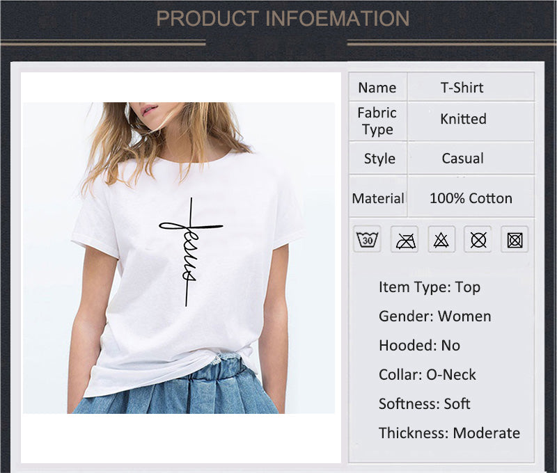 Bennie Fashion Jesus T-shirt Christian Cross Printing Women Tops-women tops-Free Item Online-Free Item Online