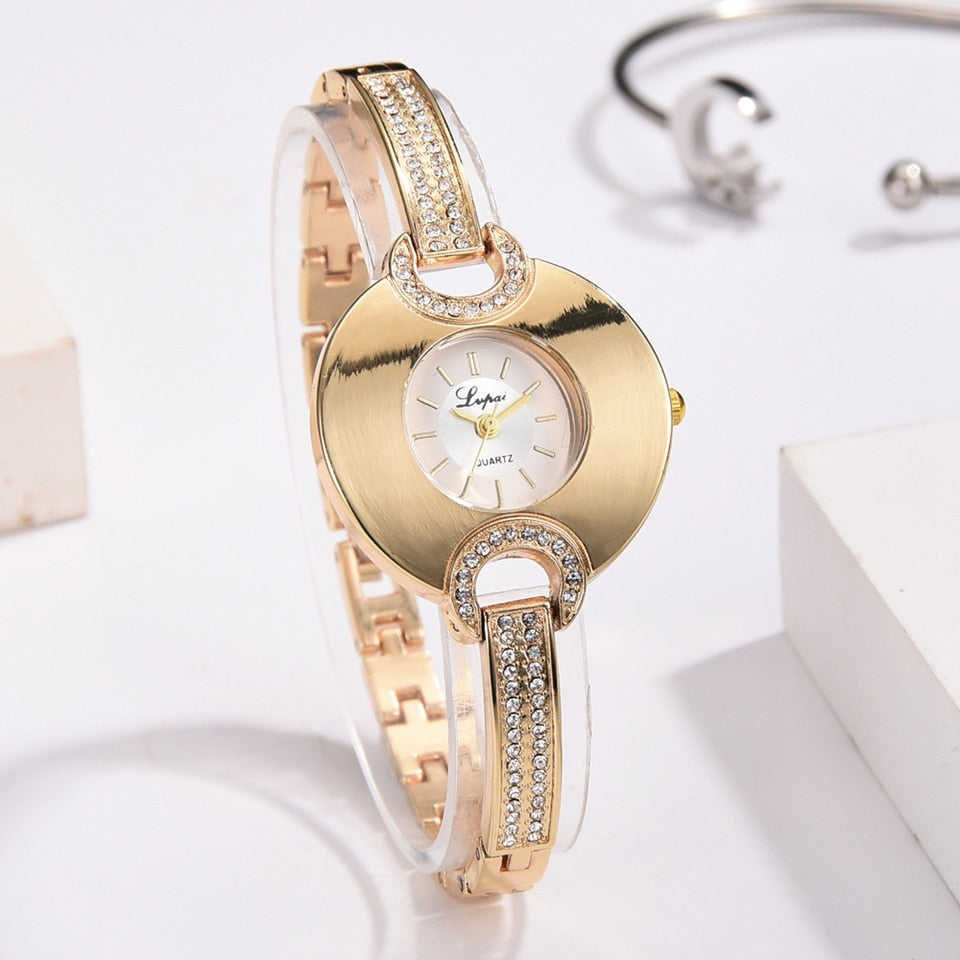 Luxury Women's Watch Fashion Bracelet Rhinestone Quartz Time piece-Women Wrist Watch-Gold and White-Free Item Online