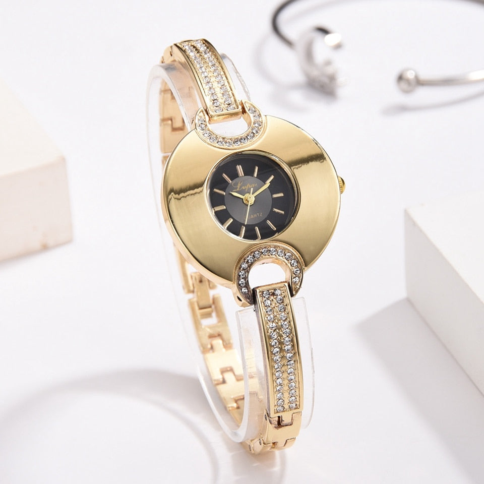 Luxury Women's Watch Fashion Bracelet Rhinestone Quartz Time piece-Women Wrist Watch-Gold and Black-Free Item Online