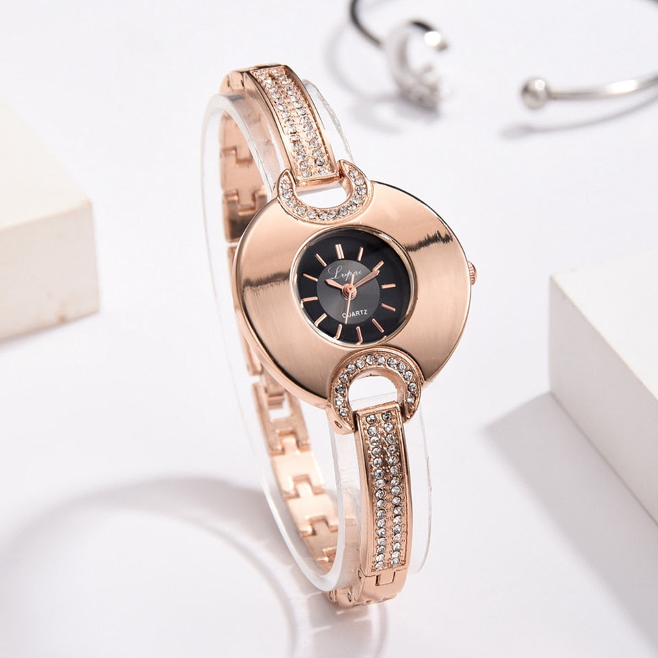 Luxury Women's Watch Fashion Bracelet Rhinestone Quartz Time piece-Women Wrist Watch-Rose Gold and Black-Free Item Online