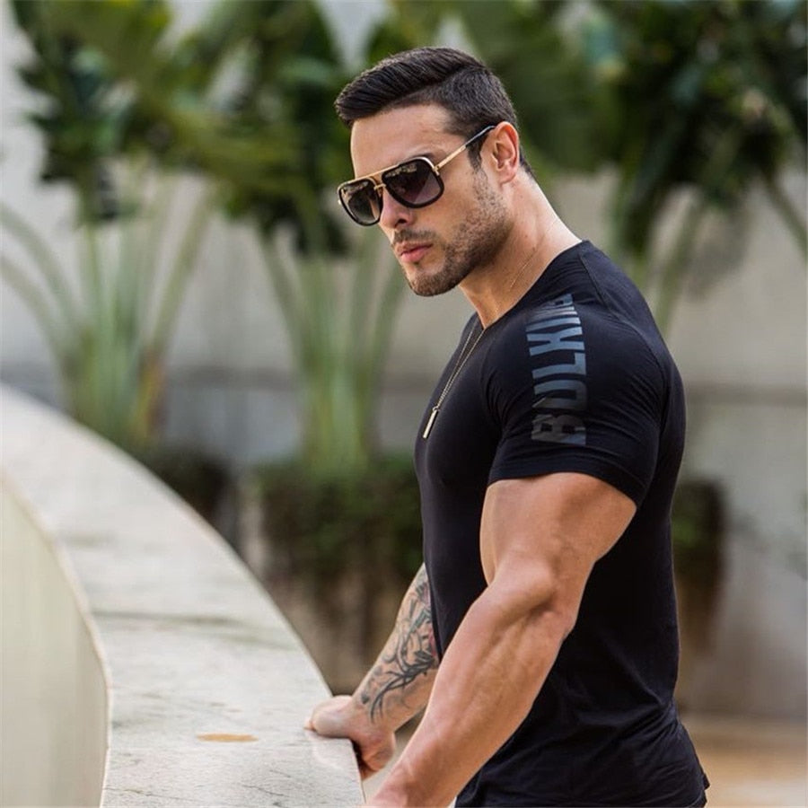 Ryan Design Compression Men Tee Shirt Gym Fitness Bodybuilding Workout Black Tops-work out top-Free Item Online