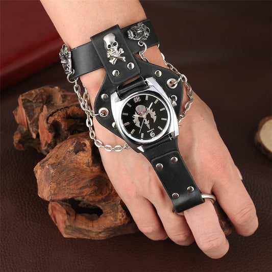 Gailis Punk Unisex Wrist Watch Black Leather Chains 3 Strap Quartz Gothic Skull Timepiece-Free Item Online