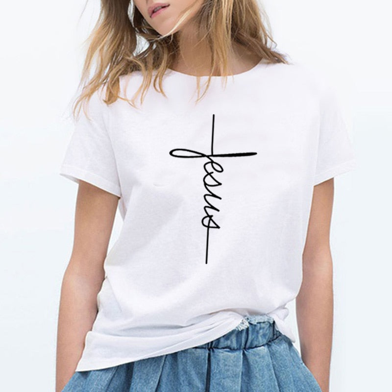 Bennie Fashion Jesus T-shirt Christian Cross Printing Women Tops-women tops-Free Item Online-Free Item Online