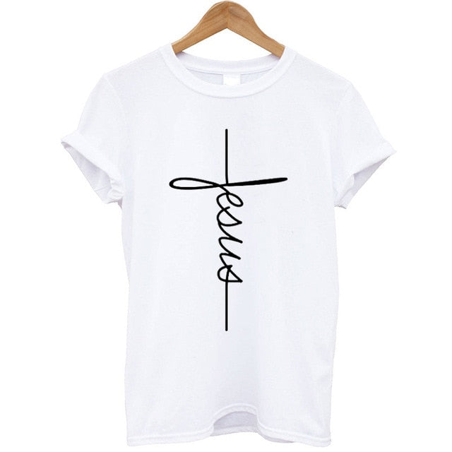 Bennie Fashion Jesus T-shirt Christian Cross Printing Women Tops-women tops-Free Item Online-HM1001-White-L-Free Item Online
