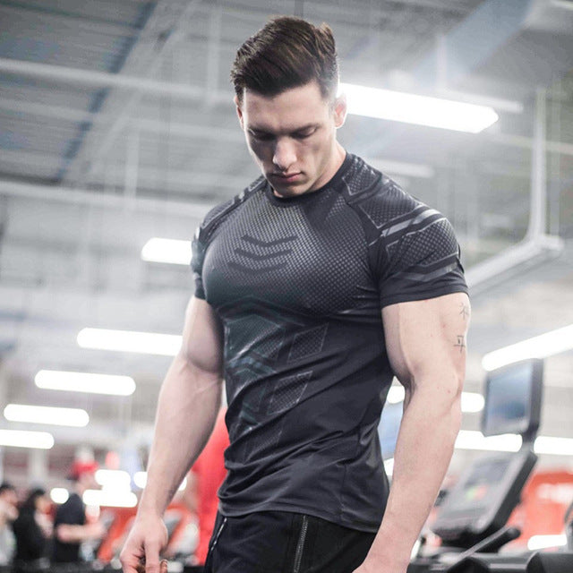Ryan Design Compression Men Tee Shirt Gym Fitness Bodybuilding Workout Black Tops-work out top-C5-M-Free Item Online