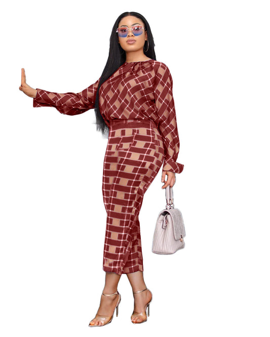Lauren Plaid Pant and Top Set women's autumn new fashion long-sleeved loose blouse two-piece-two piece pant and top set-Free Item Online