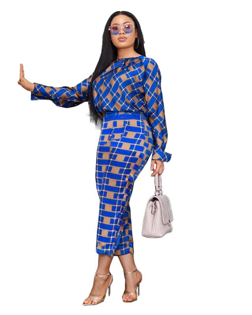 Lauren Plaid Pant and Top Set women's autumn new fashion long-sleeved loose blouse two-piece-two piece pant and top set-Blue-XXL-Free Item Online