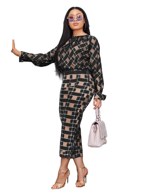 Lauren Plaid Pant and Top Set women's autumn new fashion long-sleeved loose blouse two-piece-two piece pant and top set-Black-XXL-Free Item Online