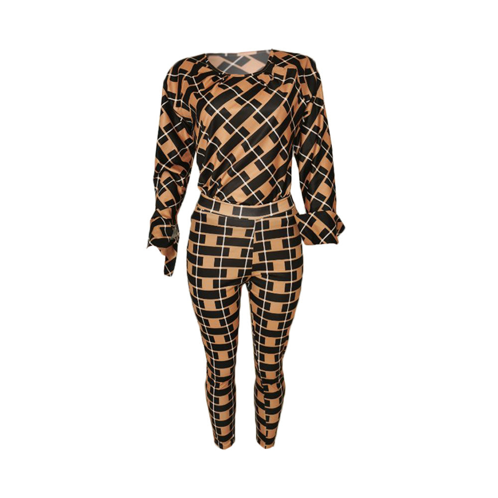 Lauren Plaid Pant and Top Set women's autumn new fashion long-sleeved loose blouse two-piece-two piece pant and top set-Free Item Online