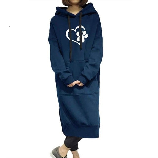 Travis Long One-Piece Hoodies Women Dog Paw Print Sweatshirt Dress-paw print dress hoodies-Blue-S-Free Item Online
