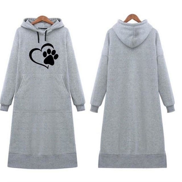 Travis Long One-Piece Hoodies Women Dog Paw Print Sweatshirt Dress-paw print dress hoodies-Grey-S-Free Item Online