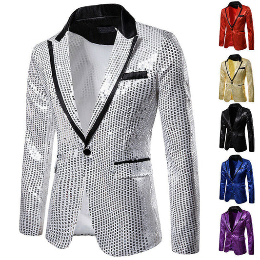 Men's Sequin Blazer Casual Slim Fitness Formal One Button Office Suit Blazer Coat Sequins Suit Jacket
