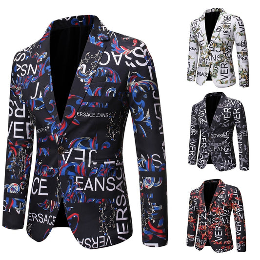 Mens Blazer Letter Print Slim Single-button Hip Hop Suit Jacket