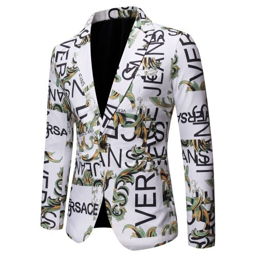Mens Blazer Letter Print Slim Single-button Hip Hop Suit Jacket