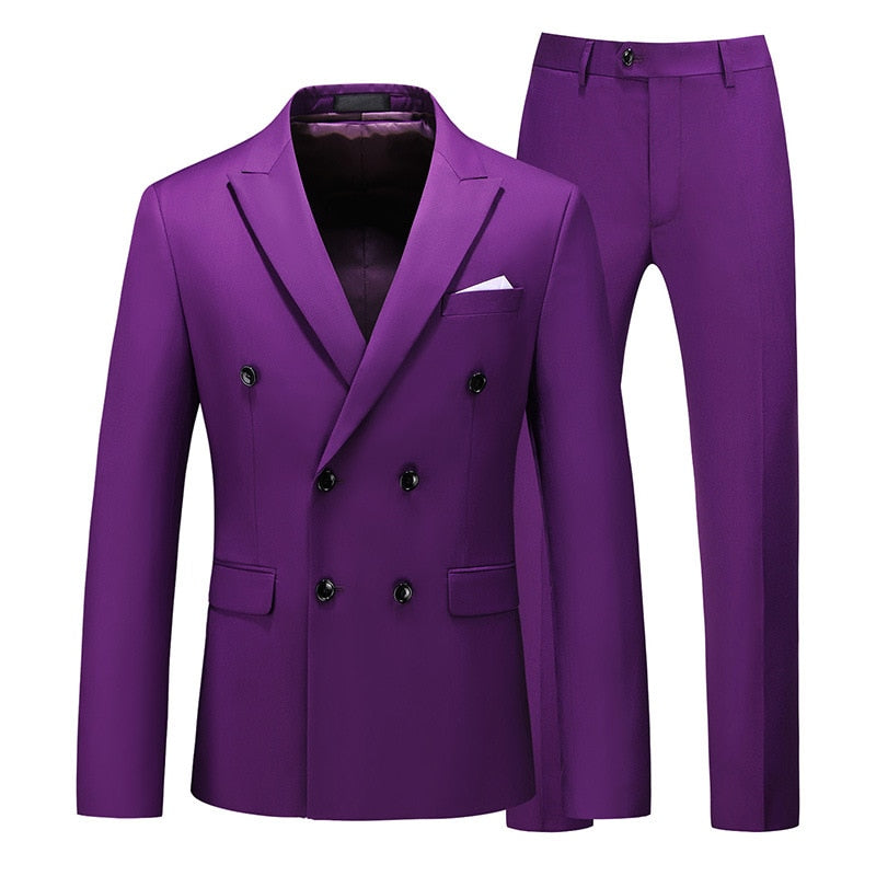 Men Two-piece Suit Double-breasted Solid Color Slim Business Casual Suits with Pants