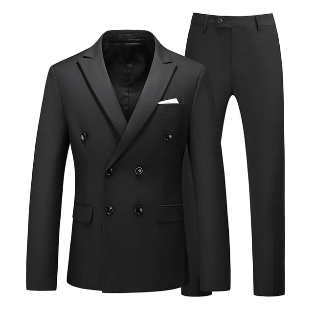 Men Two-piece Suit Double-breasted Solid Color Slim Business Casual Suits with Pants