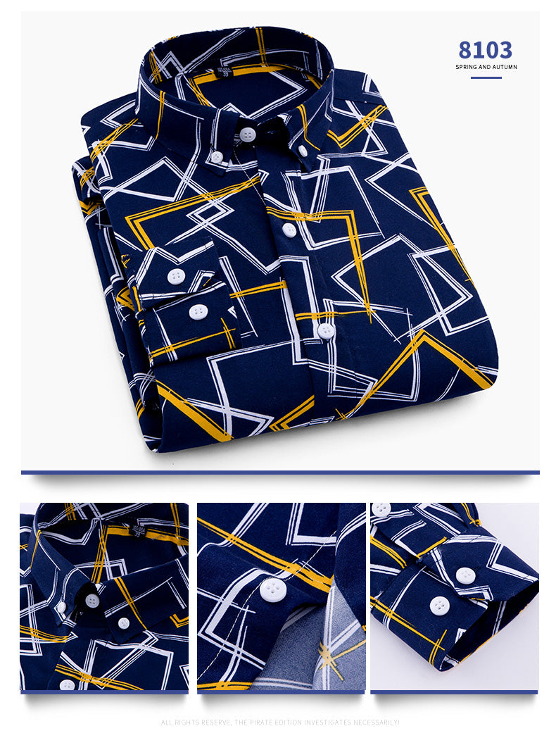 Geometric Print Long Sleeved Slim Fit Business Dress Shirt