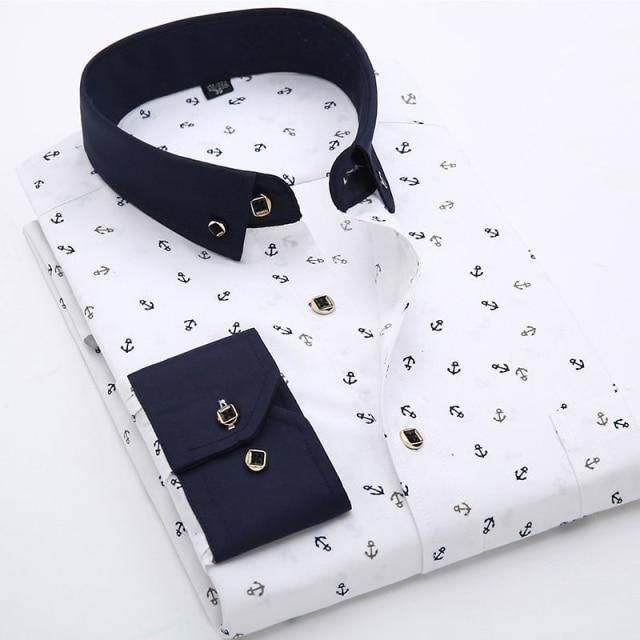 Anchor Print Long Sleeved Slim Fit Business Dress Shirt