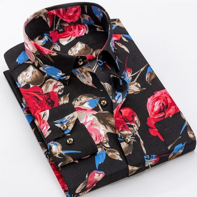 Floral Printed Long Sleeved Slim Fit Business Dress Shirt