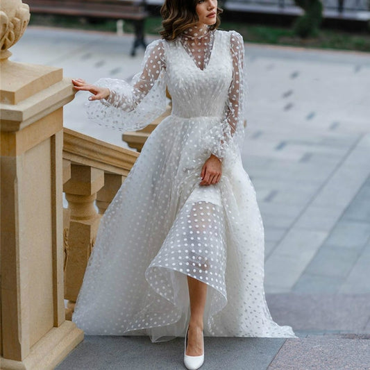 Elegant Polka Dot White Puff Sleeve A-line Long Wedding Dress