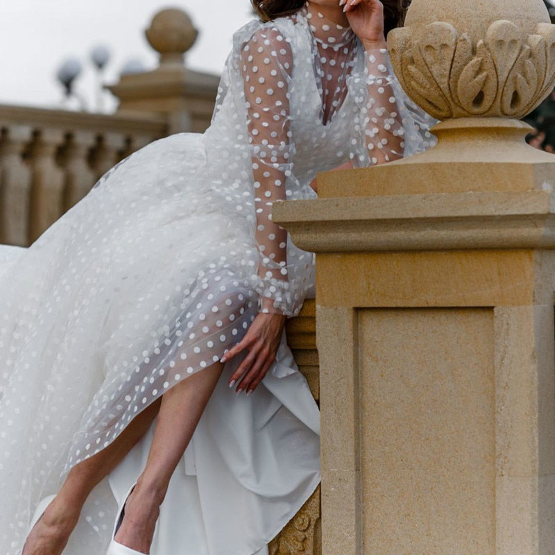 Elegant Polka Dot White Puff Sleeve A-line Long Wedding Dress