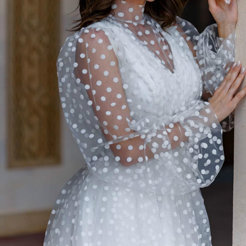 Elegant Polka Dot White Puff Sleeve A-line Long Wedding Dress