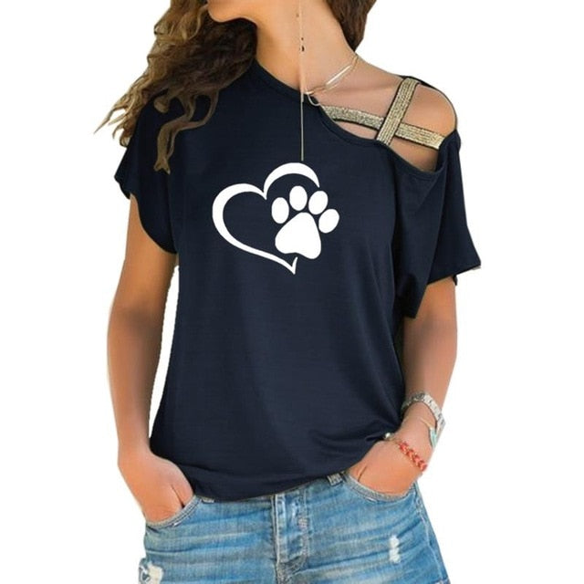 Women Fashion Dog Cat Paw Heart T shirt Tops Cross-shoulder Irregular Short-sleeved Travis Designs-paw print women top-Black-XXL-Free Item Online