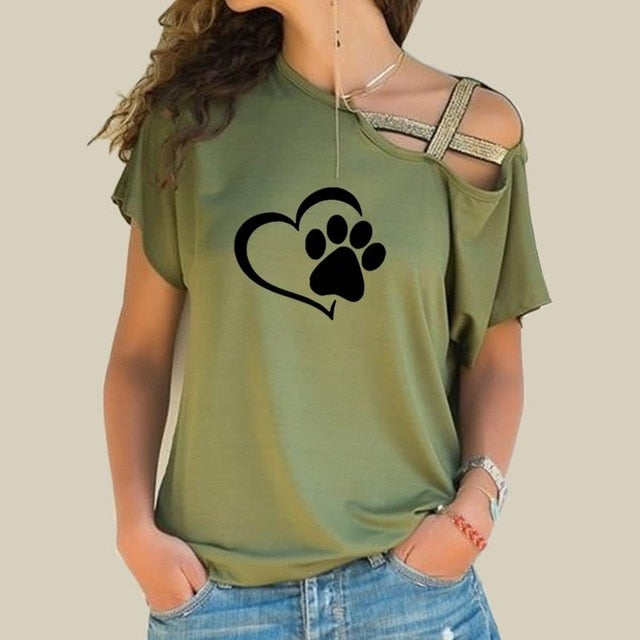 Women Fashion Dog Cat Paw Heart T shirt Tops Cross-shoulder Irregular Short-sleeved Travis Designs-paw print women top-Green-XXL-Free Item Online
